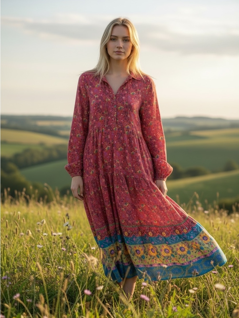 NATURAL LIFE Rebecca Long Sleeve Midi Dress Red Clay Sunflowers S